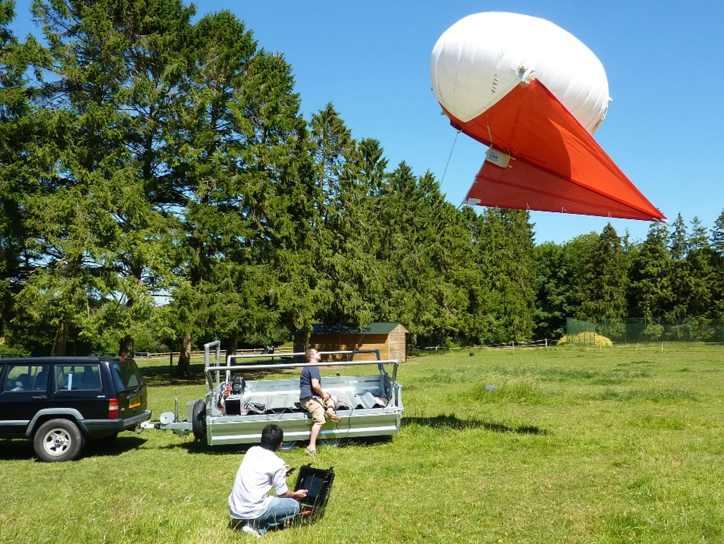 Helikite mit rotem Drachensegel über einer mobilen Helibase und Bodenstation